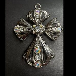 Rhinestone Silver Tone Cross Brooch Wide Ribbon Body